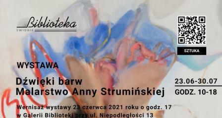 na plakacie napis Dźwięki barw-malarstwo Anny Strumińskiej, w tle obraz autorki pod tytułem Lot "trzmiela"