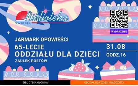 na plakacie napis Jarmarkowe opowieści, na niebieskim tle kawałki tortu w tle