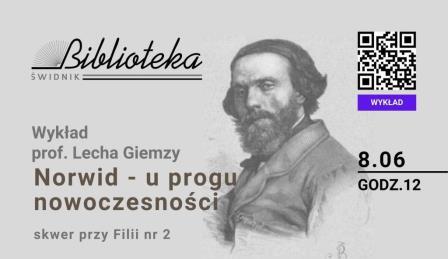 na mini plakacie napis Wykład prof. Lecha Giemzy Norwid u progu nowoczesności, w tle twarz Cypriana Kamila Norwida