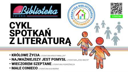 mały plakat zawierający napis Partyka Bibliotekarza Rodzinnego, zapraszamy na cykl spotkań z literaturą Filia nr 1