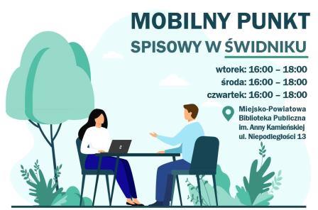 na plakacie napis mobilny punkt Spisu Powszechengo w bibliotece, w tle kobieta i mężczyna siedzące przy biurku obok laptopa