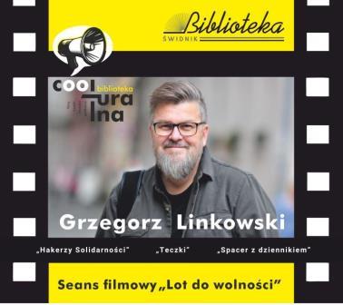 na zaproszeniu w formie kadru filmowego autor Grzegorz Linkowski i napis seans Lot do wolności