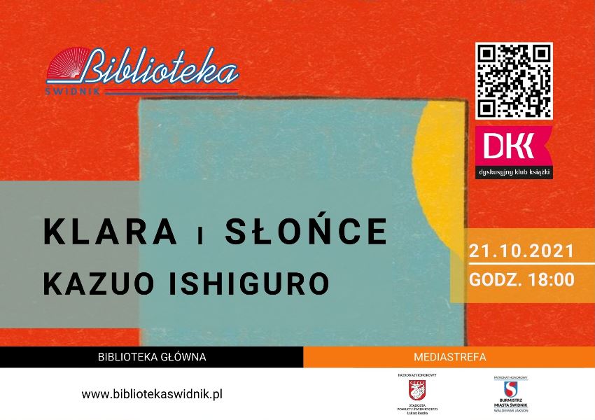 na plakacie napis "Klara i słońce" Kazuo Ishiguro oraz logo DKK i biblioteki