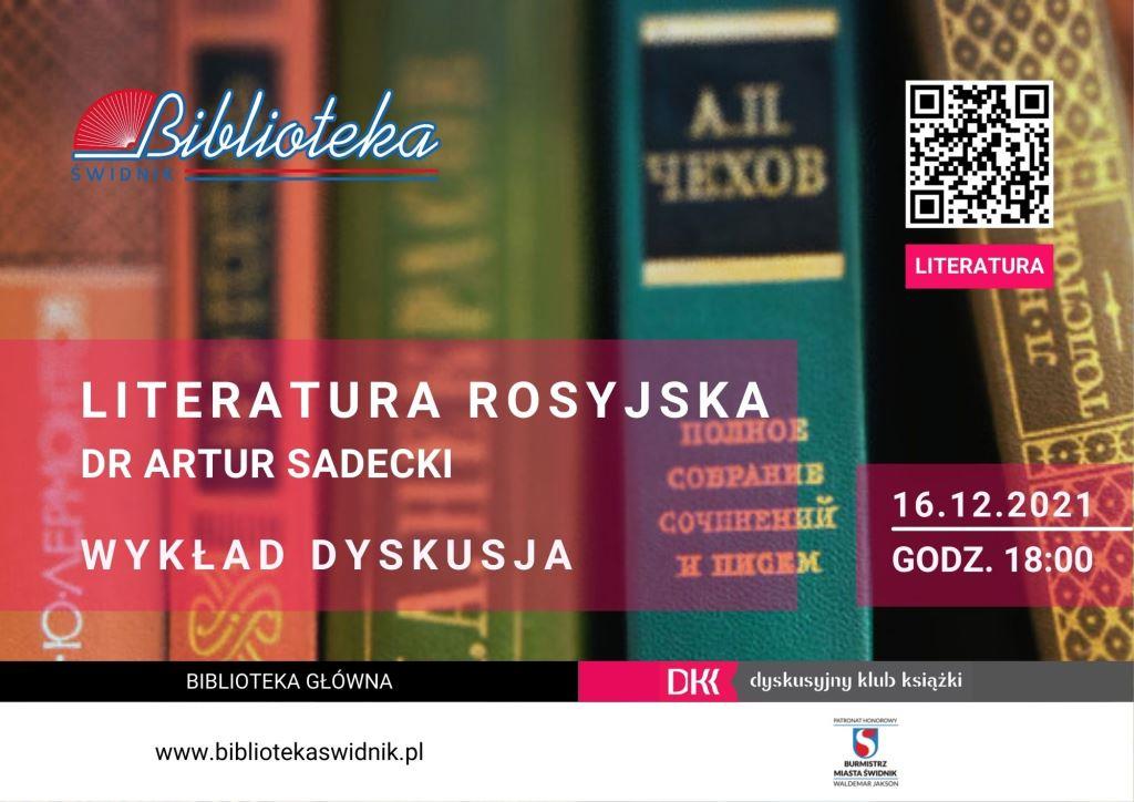 na plakacie napis literatura rosyjska, wykład z dr Arturem Sądeckim, w tle okładki książek w języku rosyjskim