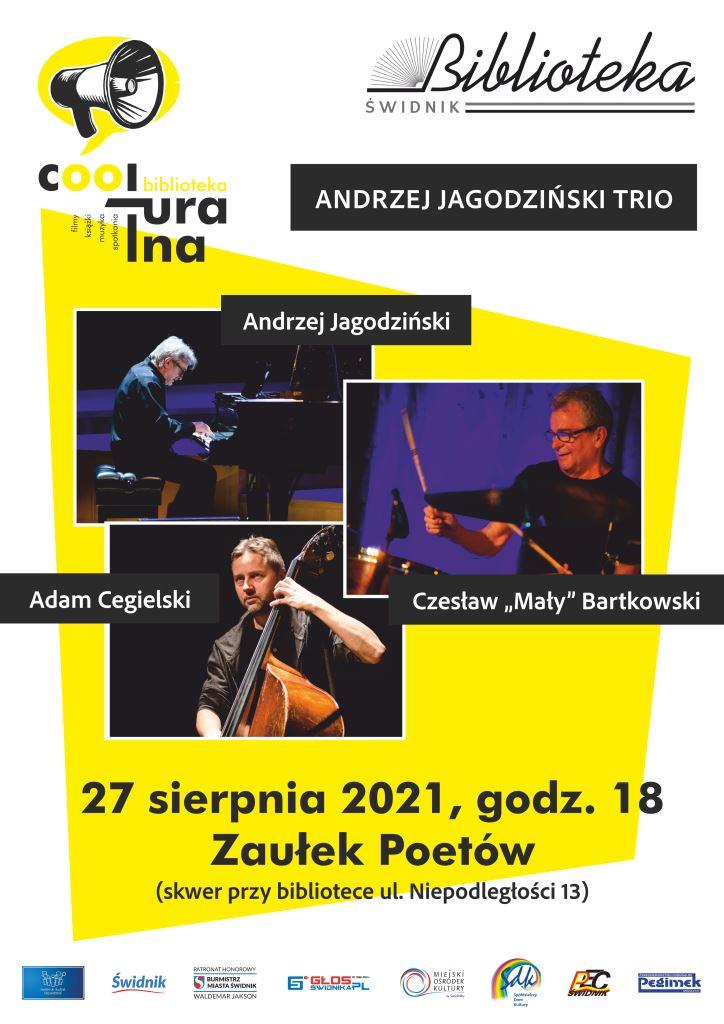 na plakacie trzy zdjęcia muzyków i napis Andrzej Jagodziński Trio w Zaułku Poetów 27 sierpnia godz. 18