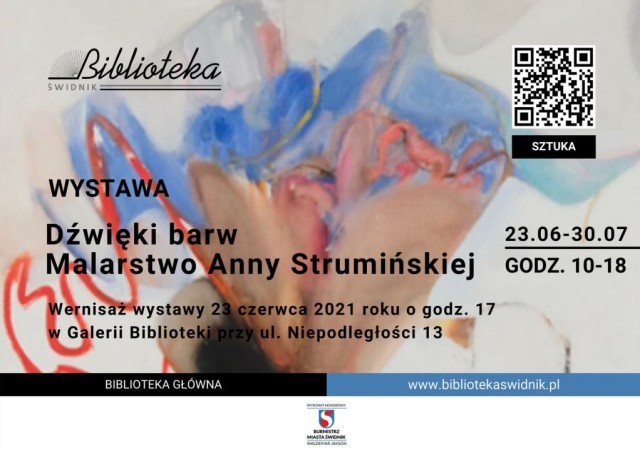na plakacie napis Dźwięki barw-malarstwo Anny Strumińskiej, w tle obraz autorki pod tytułem Lot "trzmiela"