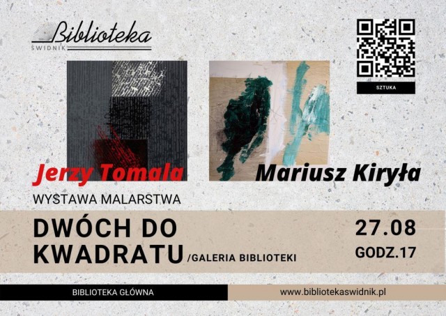 na plakacie dwa obrazy artystów i napis: wystawa malarstwa Jerzego Tomali i Mariusza Kiryły