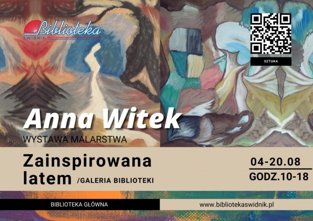 na plakacie dwa kolorowe obrazy Anny Witek oraz tytuł wystawy Zainspirowana latem